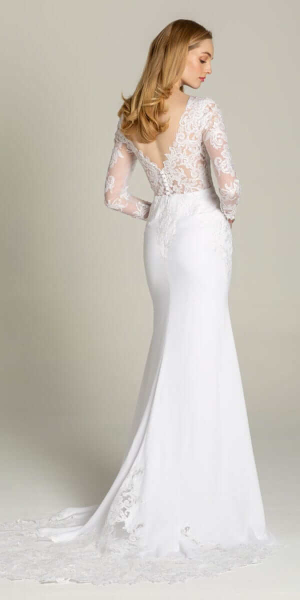 white/size/4/missy/Camille La Vie/Long Sleeve V Back Crepe Dress with Embellished Appliques /back