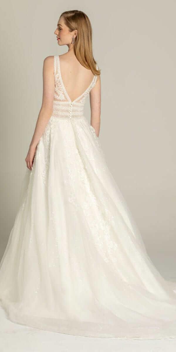 ivory/size/4/missy/Camille La Vie/ Glitter Embroidered Plunging Box Pleat Tulle Ballgown/Back