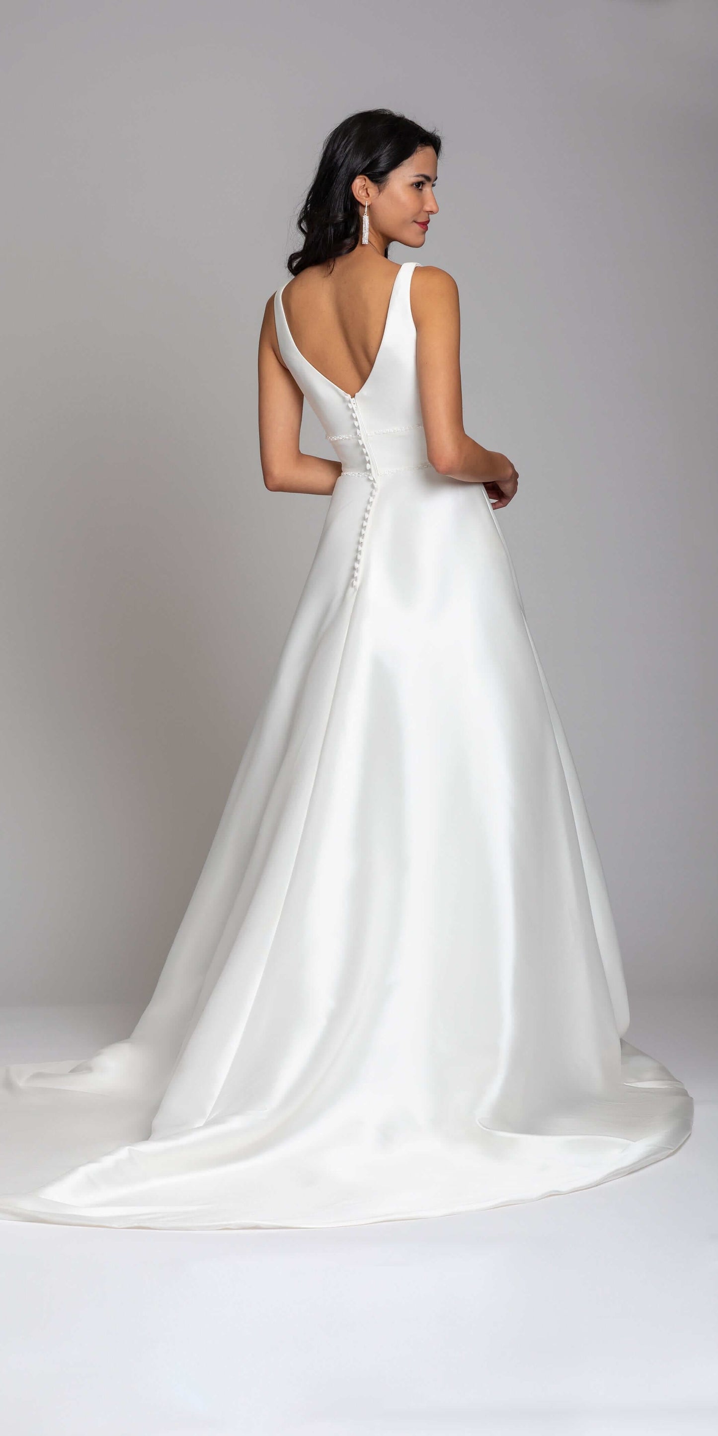 Mikado Plunging Button Back Ballgown with Cathedral Train - Camille La Vie