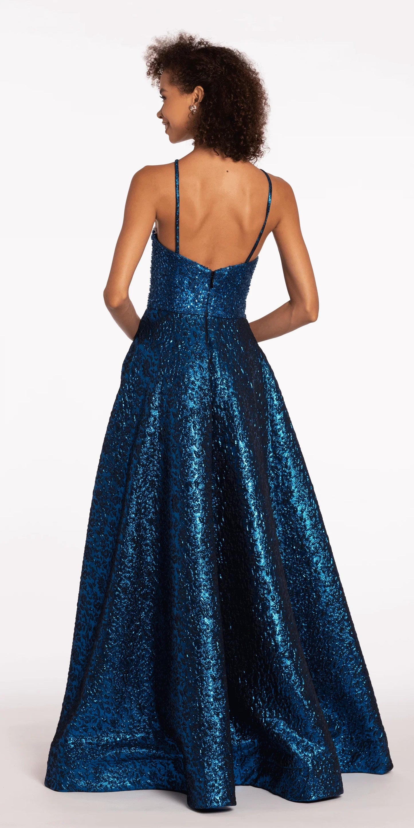 sapphire/size/4/missy/Camille La Vie/Plunging Metallic Beaded Jacquard Ballgown with Pockets/back