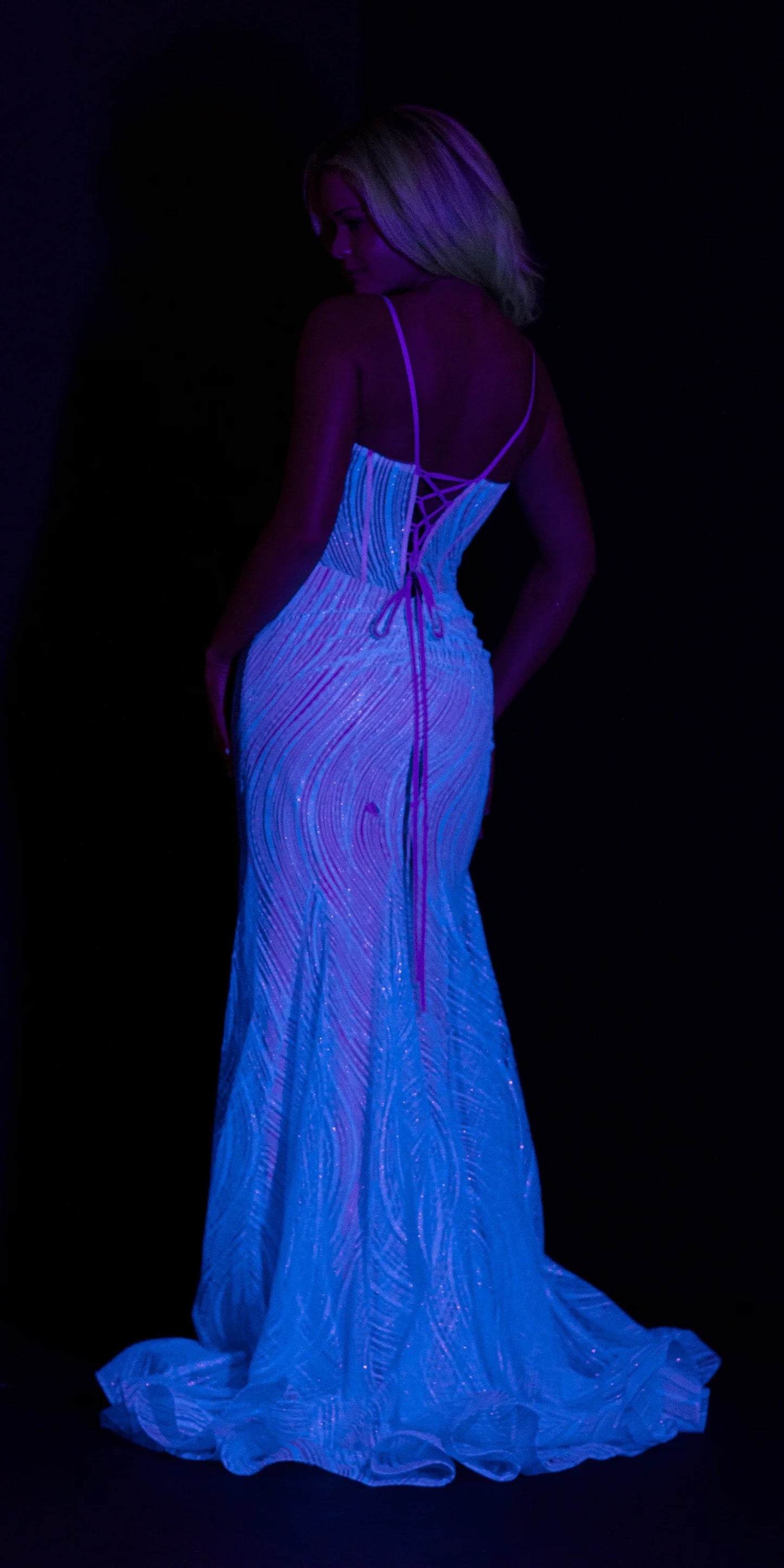 periwinkle/size/4/missy/Camille La Vie/Glitter Glow in the Dark Swirl Sweetheart Corset Mermaid Dress with Godets/back glow