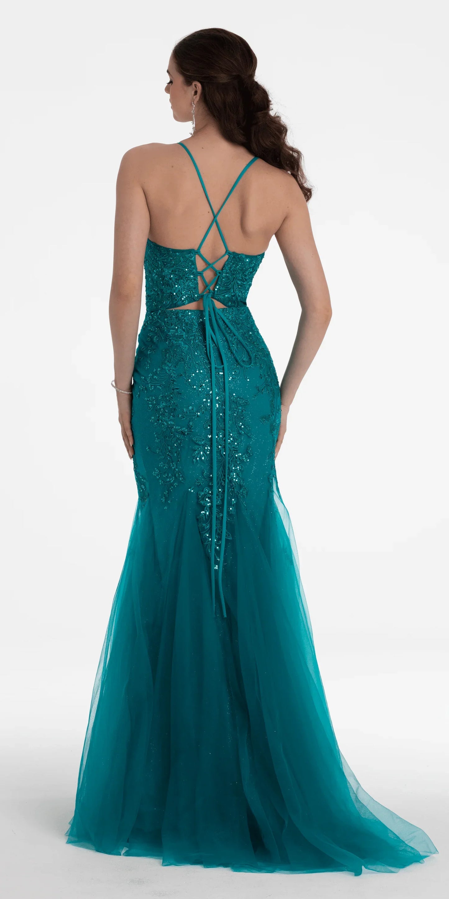 Strappy Lace Up Back Keyhole Embroidered Mermaid Dress - Camille La Vie
