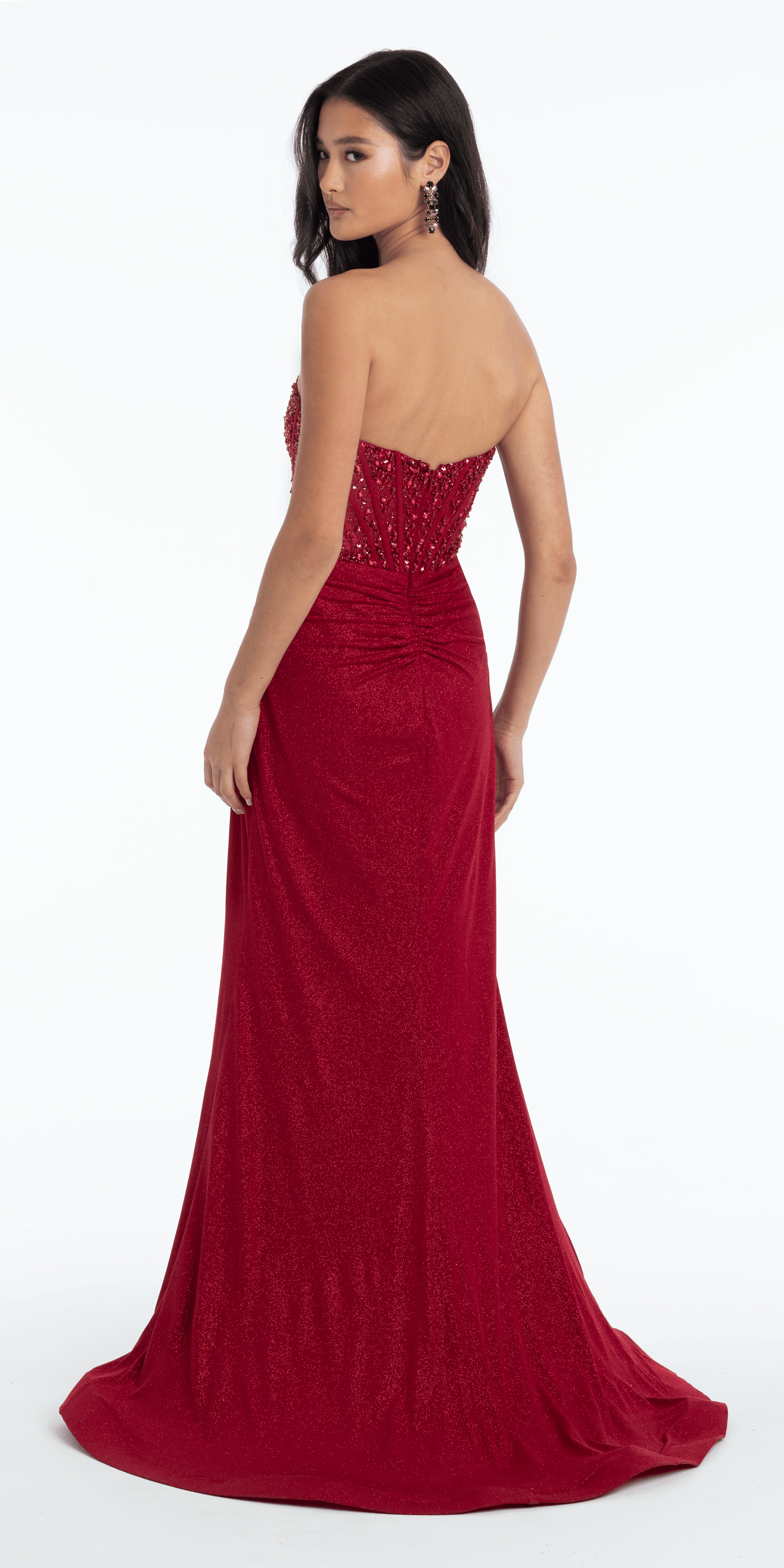 Glitter Knit Embellished Sweetheart Corset Trumpet Dress with Ruching - Camille La Vie