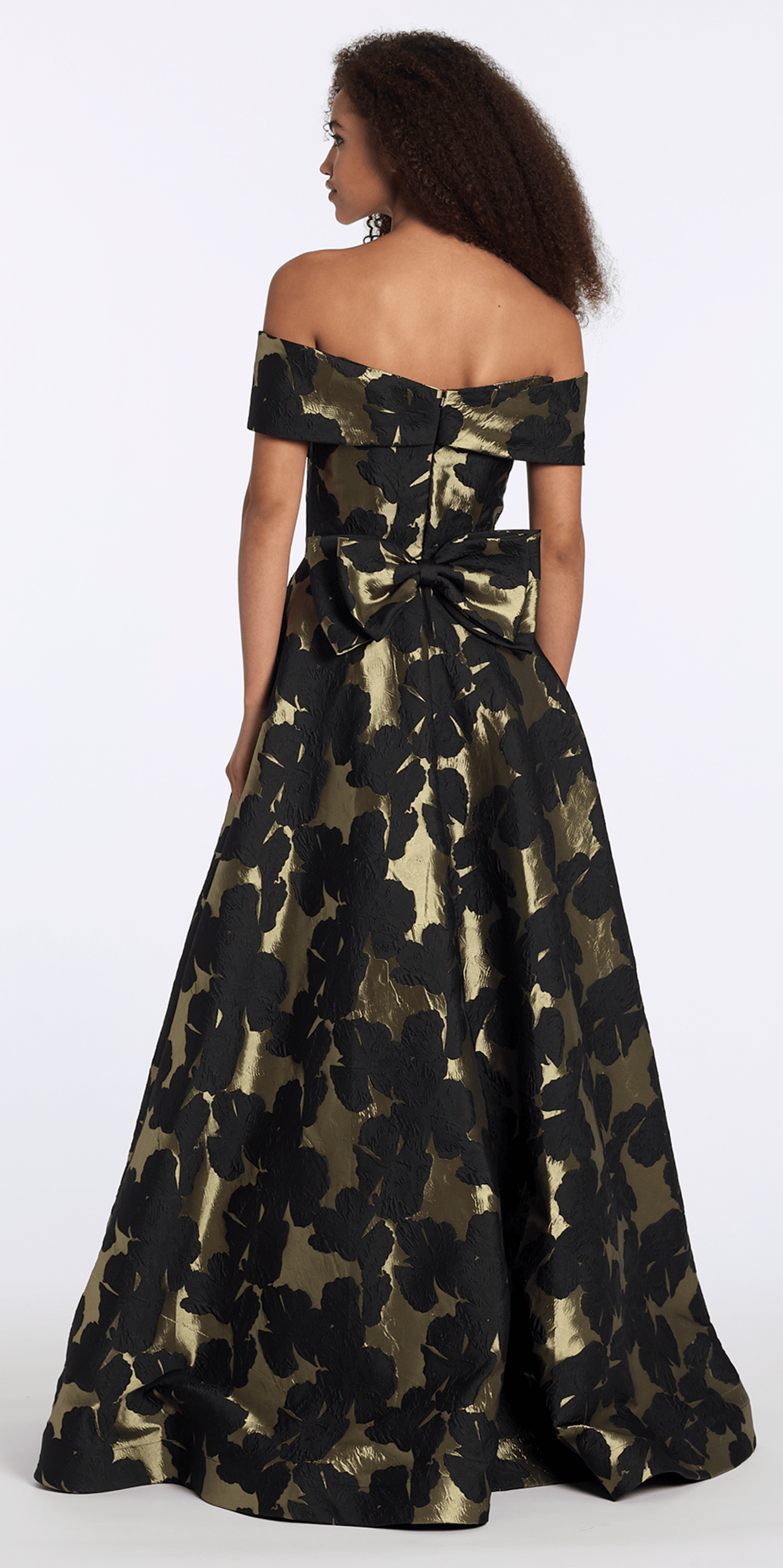 Camille La Vie Off the Shoulder Floral Jacquard A Line Dress with Bow