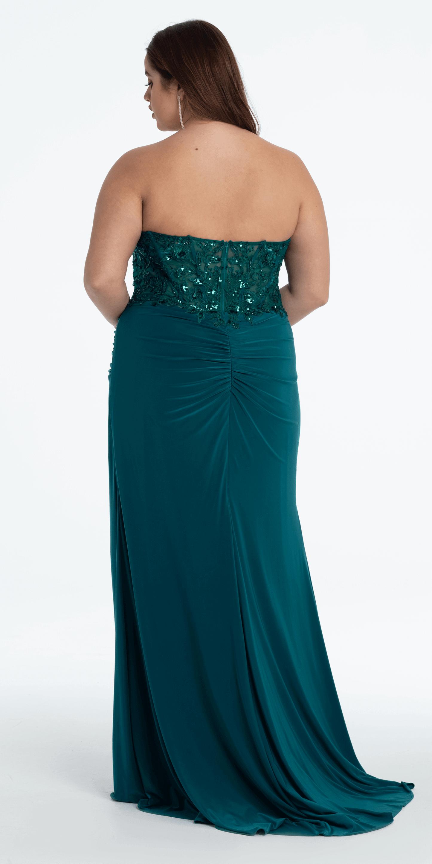 Strapless Embellished Drape Corset Jersey Column Dress - Camille La Vie