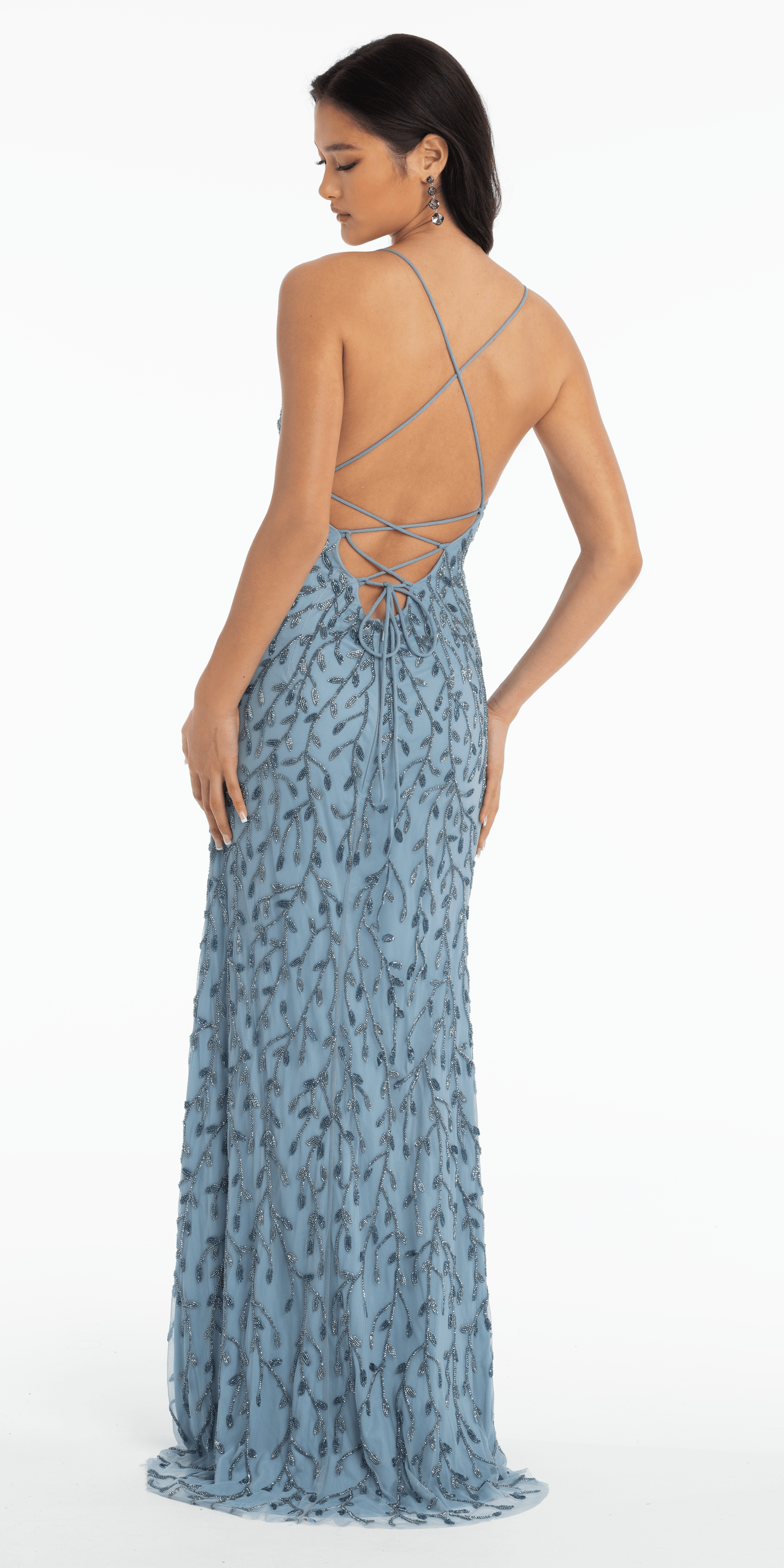 Sweetheart Strappy Back Vine Beaded Mesh Column Dress - Camille La Vie
