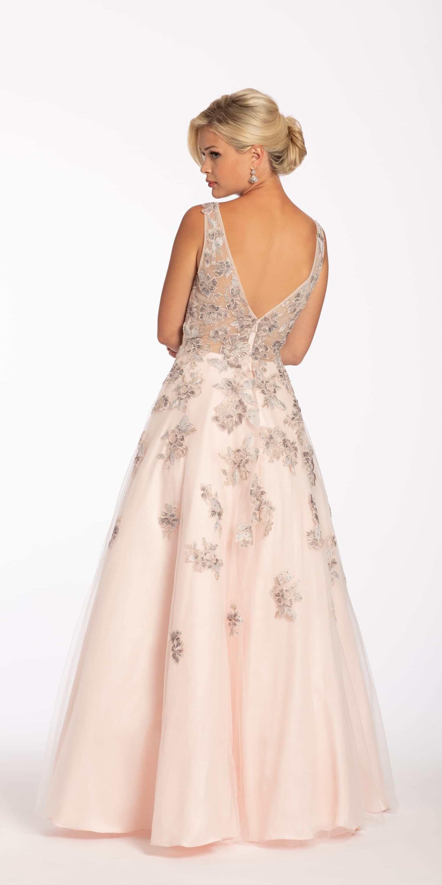 Plunging Tulle Ballgown with Metallic Floral Applique - Camille La Vie