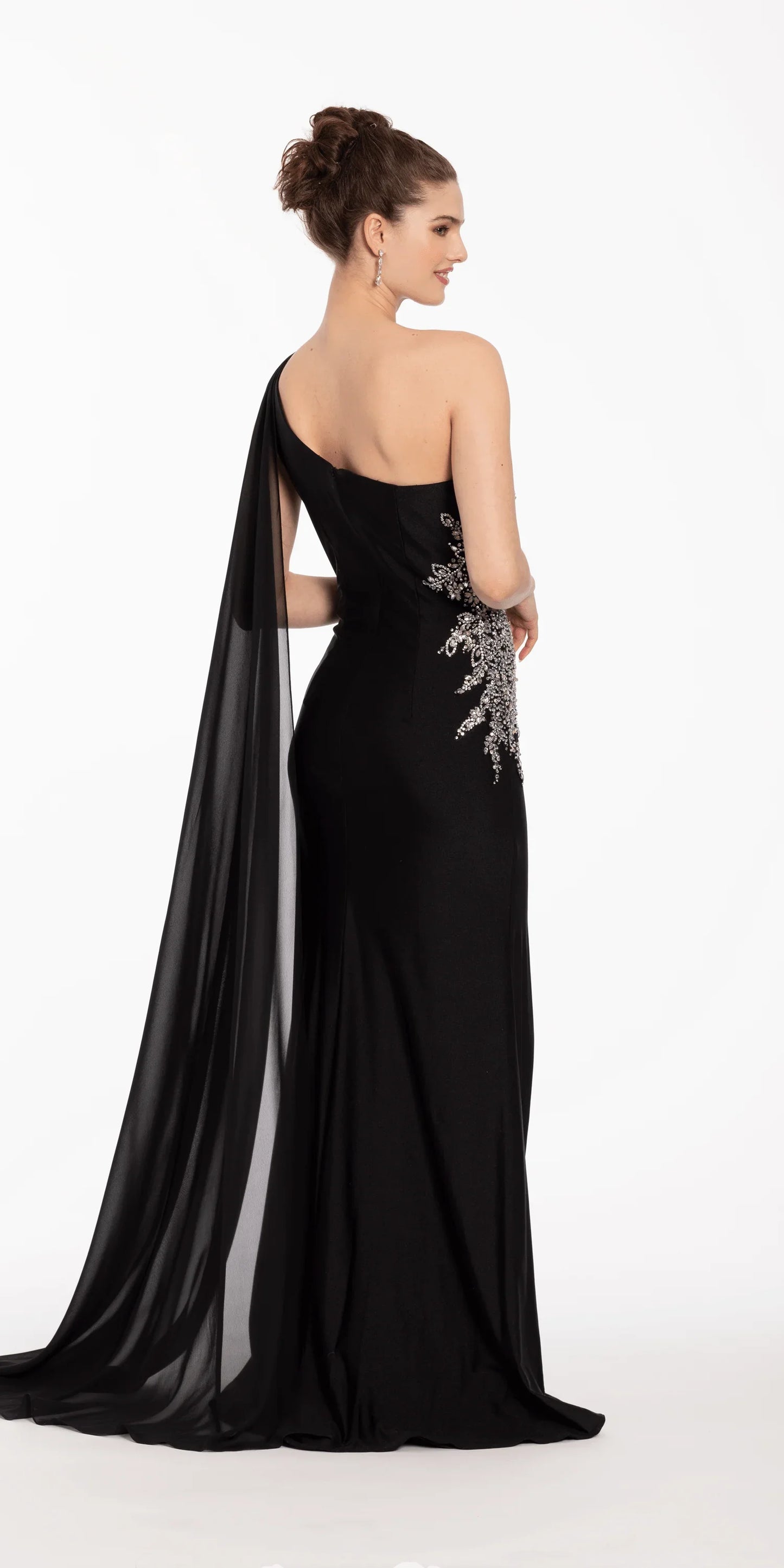 One Shoulder Side Cascade Dress with Rhinestone Detail - Camille La Vie