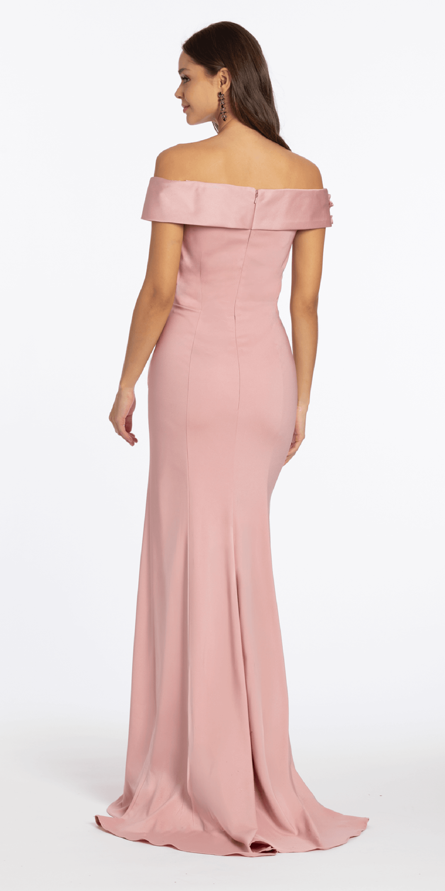 dusty-rose/size/4/missy/Camille La Vie/Crepe Off the Shoulder Trumpet Dress with Rosettes/back 1
