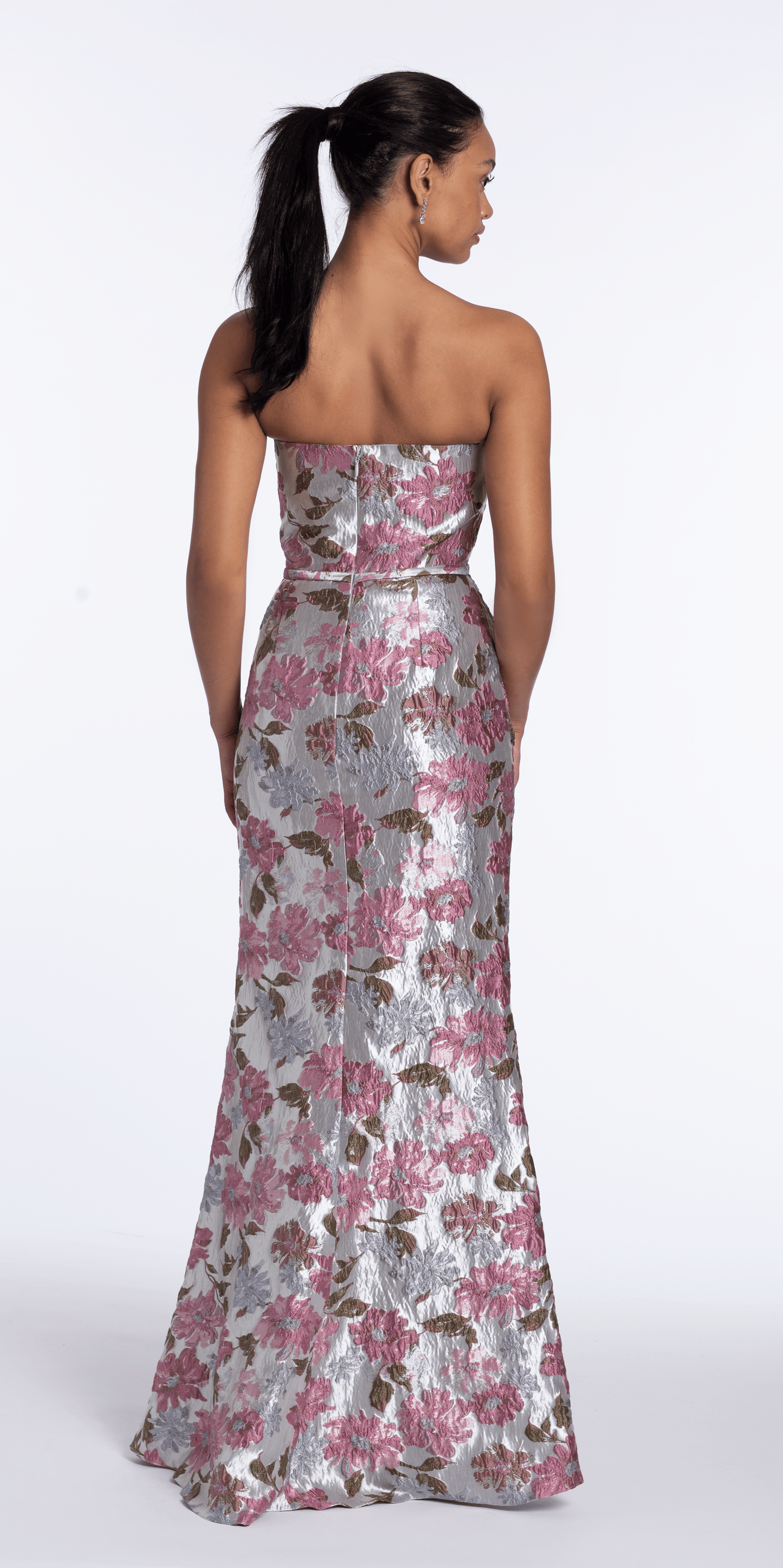 Angled Peplum Strapless Metallic Floral Jacquard Dress - Camille La Vie