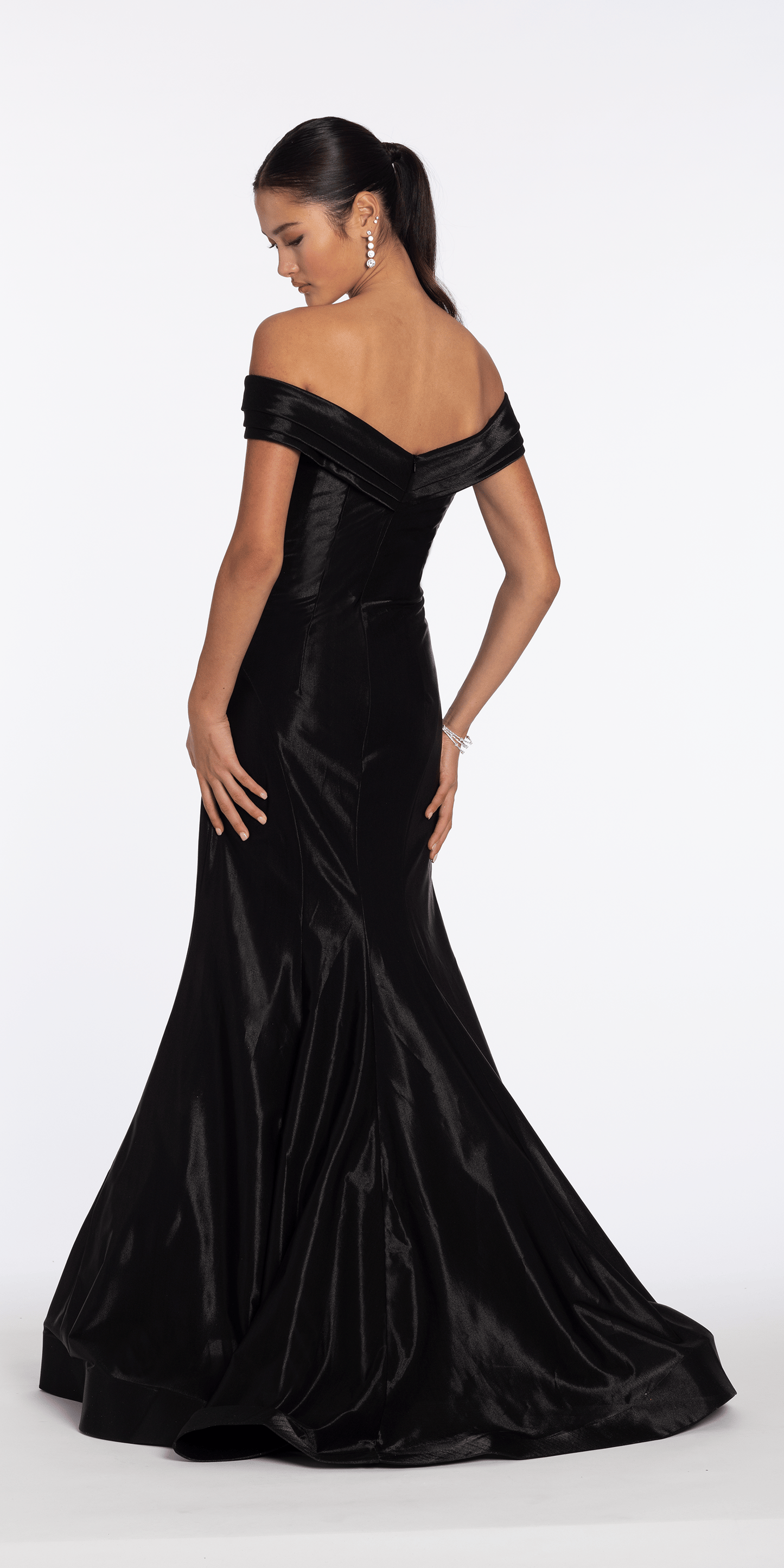 Pleated Off the Shoulder Sateen Trumpet Dress with Sweep Train - Camille La Vie