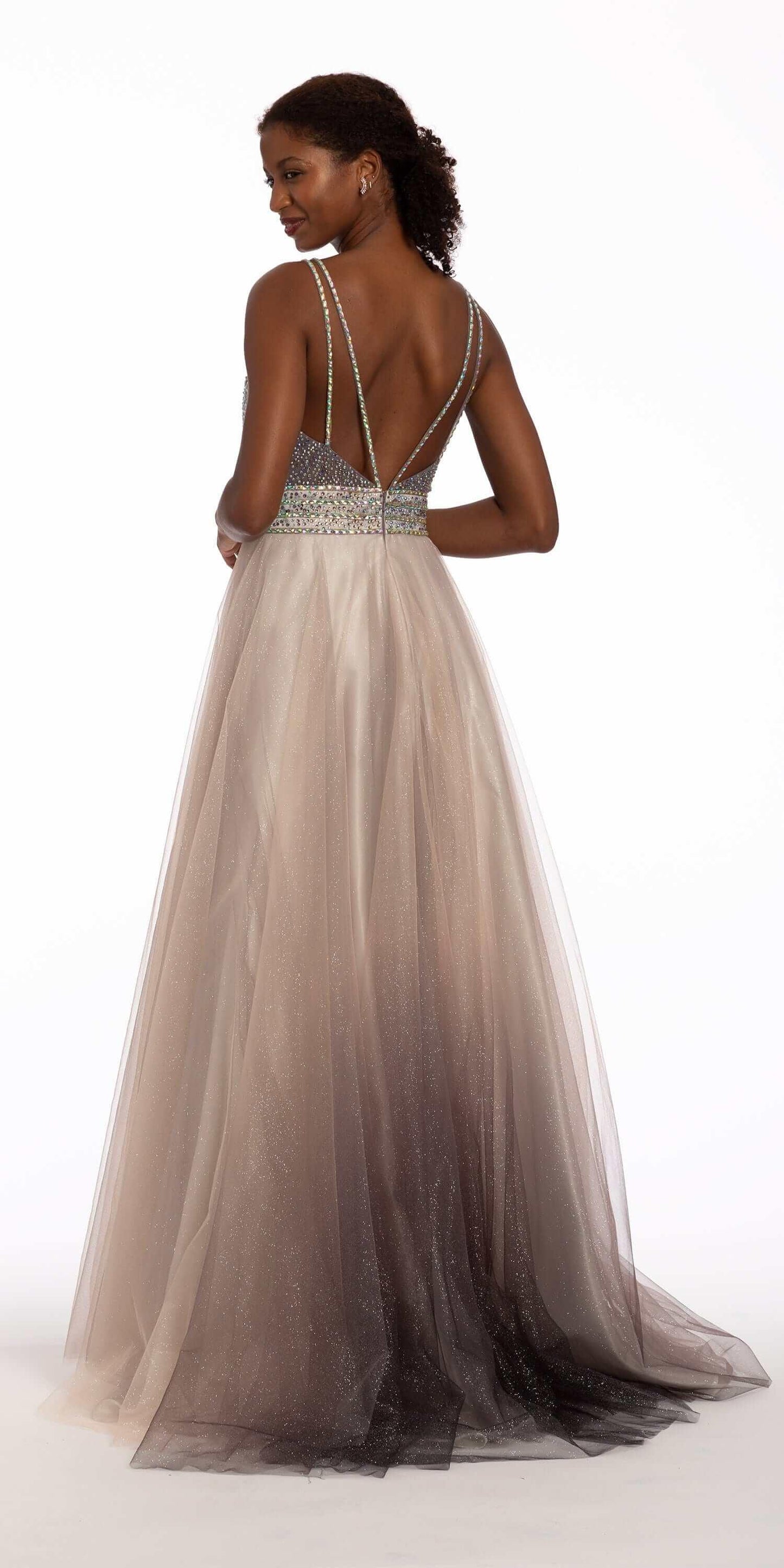 gray-multi/size/4/missy/Camille La Vie/Beaded Ombre Glitter Mesh Ballgown /back