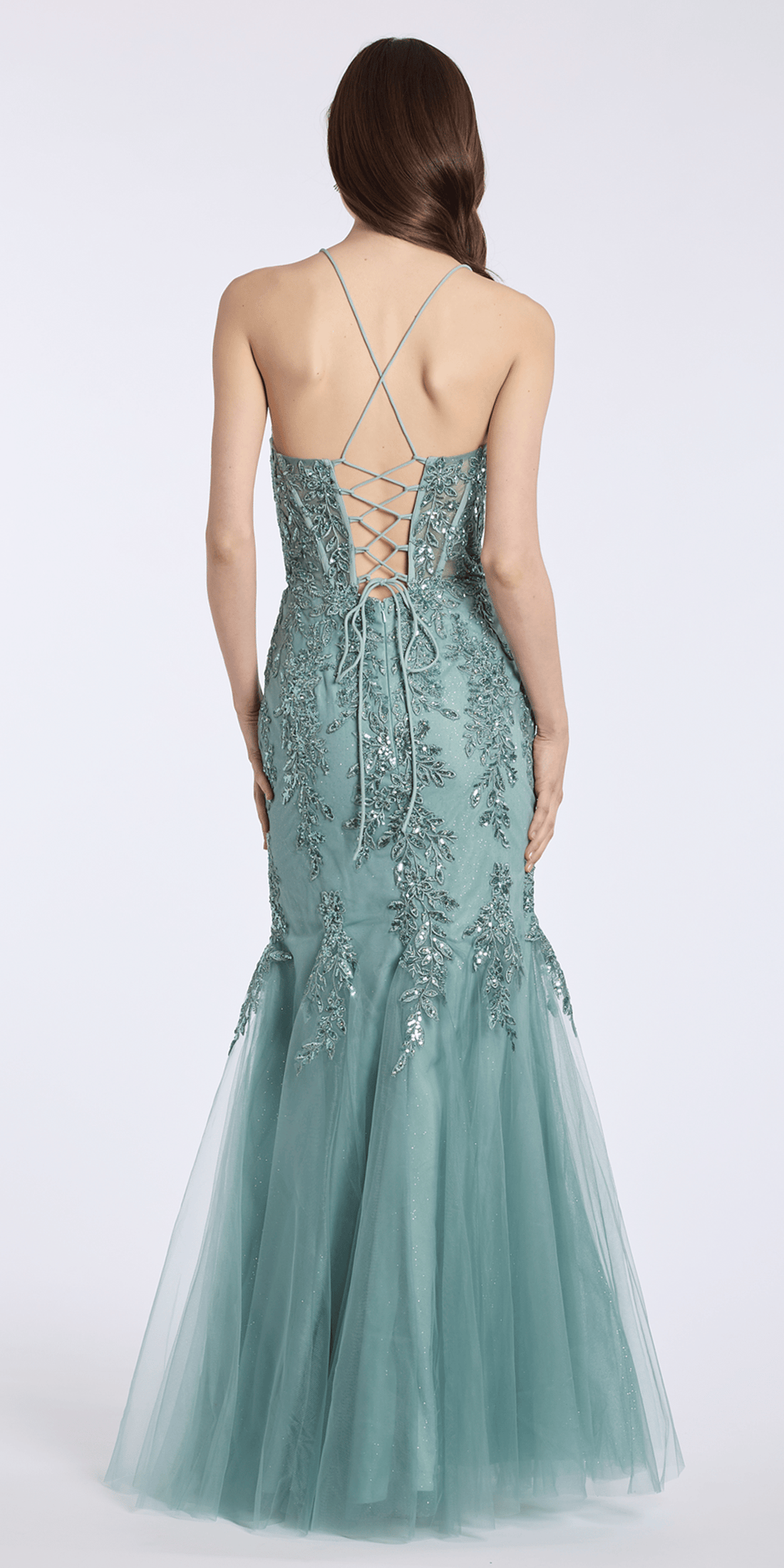 sage/size/4/missy/Camille La Vie Sweetheart Embroidered Glitter Tulle Corset Mermaid Dress with Godets/back