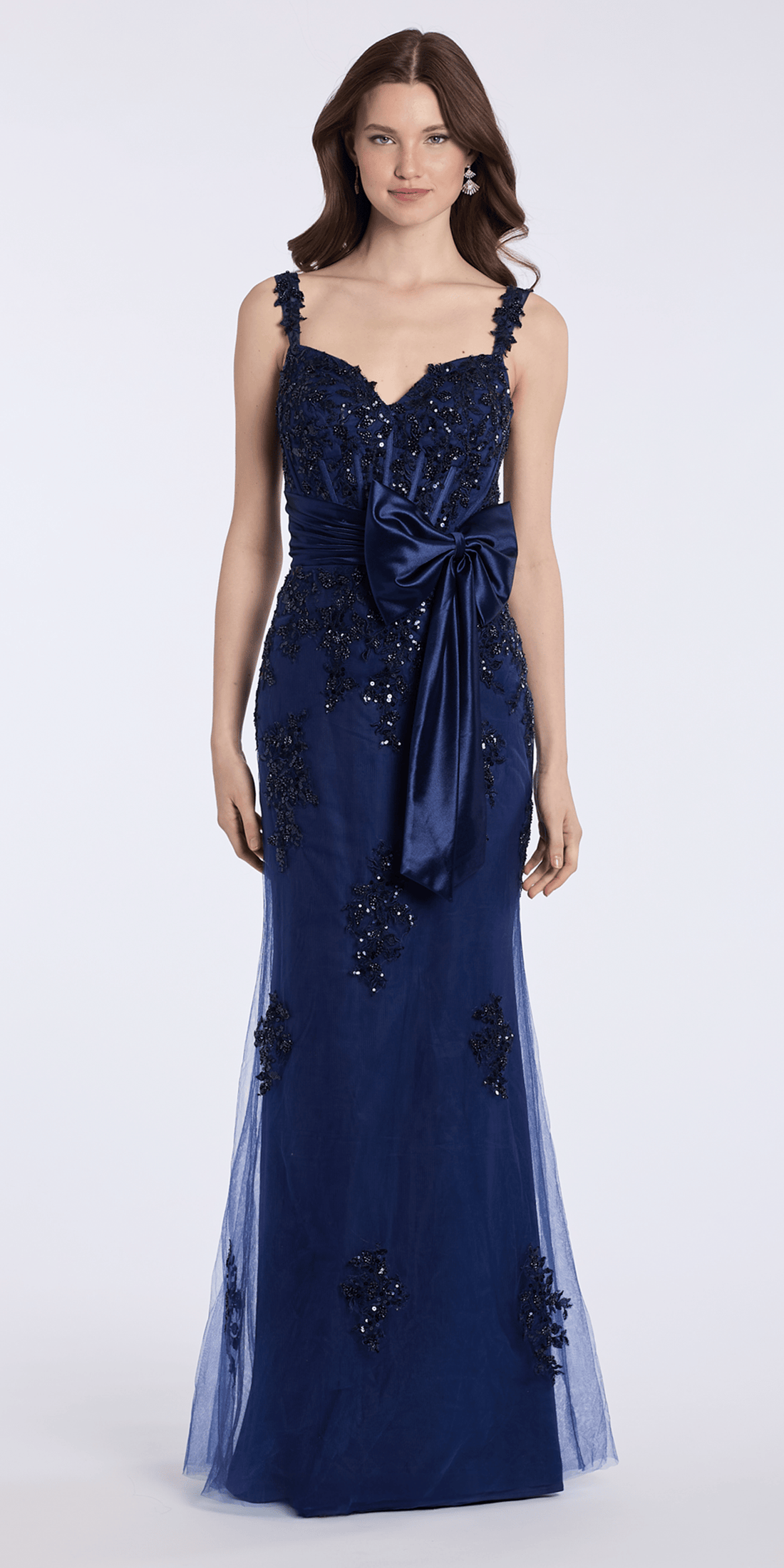 navy/size/6/missy/Camille La Vie/ Tulle Sequin Embellished Corset Column Corset Column Dress with Satin Bow/front alt