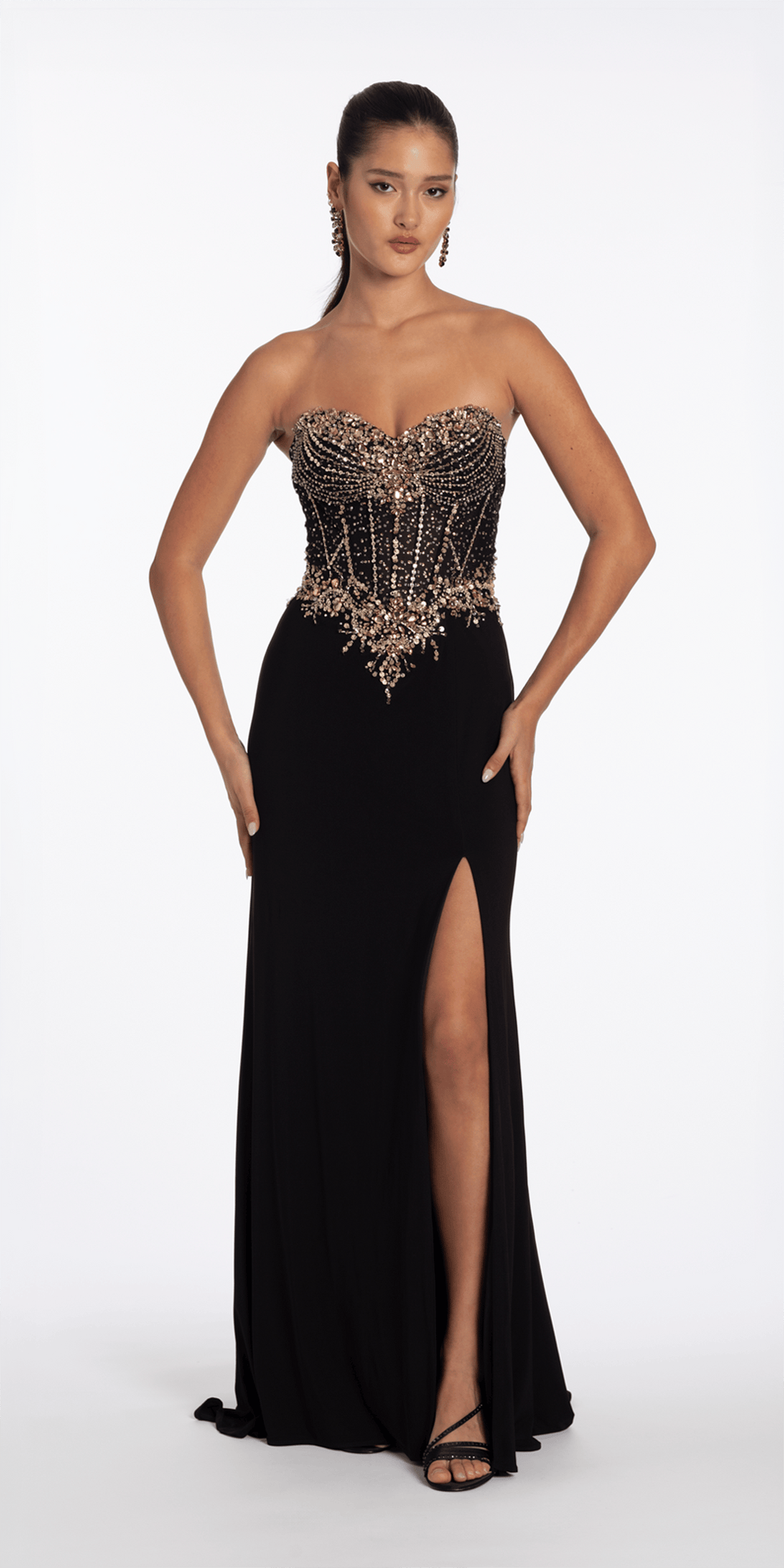Camille La Vie Strapless Embellished Jersey Corset Column Dress with Side Slit missy / 0 / black-gold