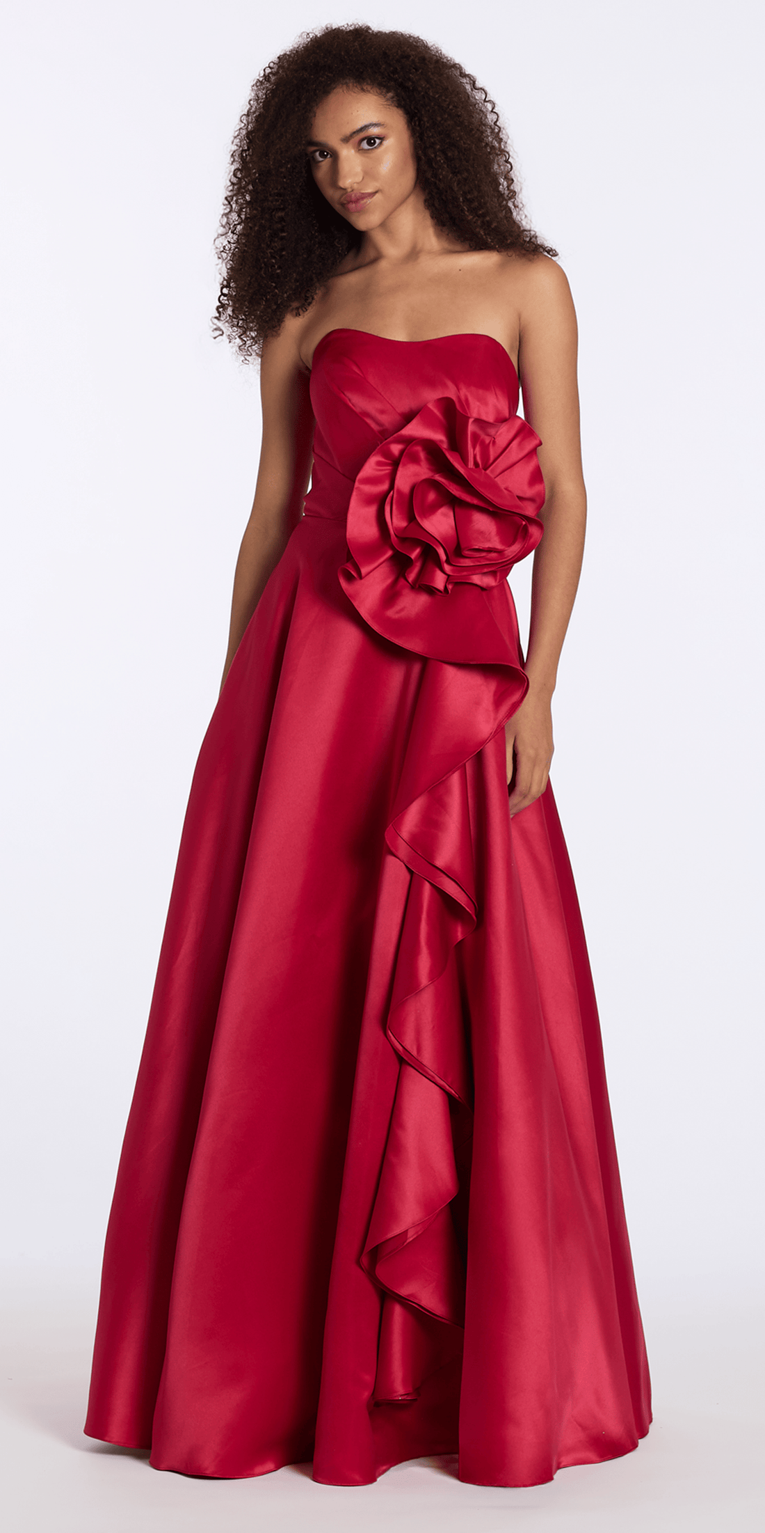 black/size/4/missy/Camille La Vie/Satin Off the Shoulder Ballgown with Rhinestone Bow Detail /front