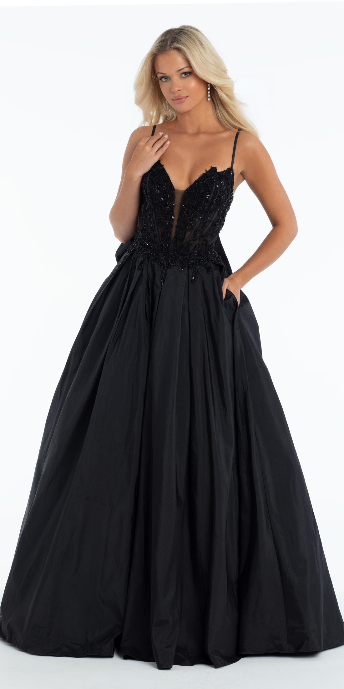 Camille La Vie Sequin Applique Corset Plunge Tulle Ballgown