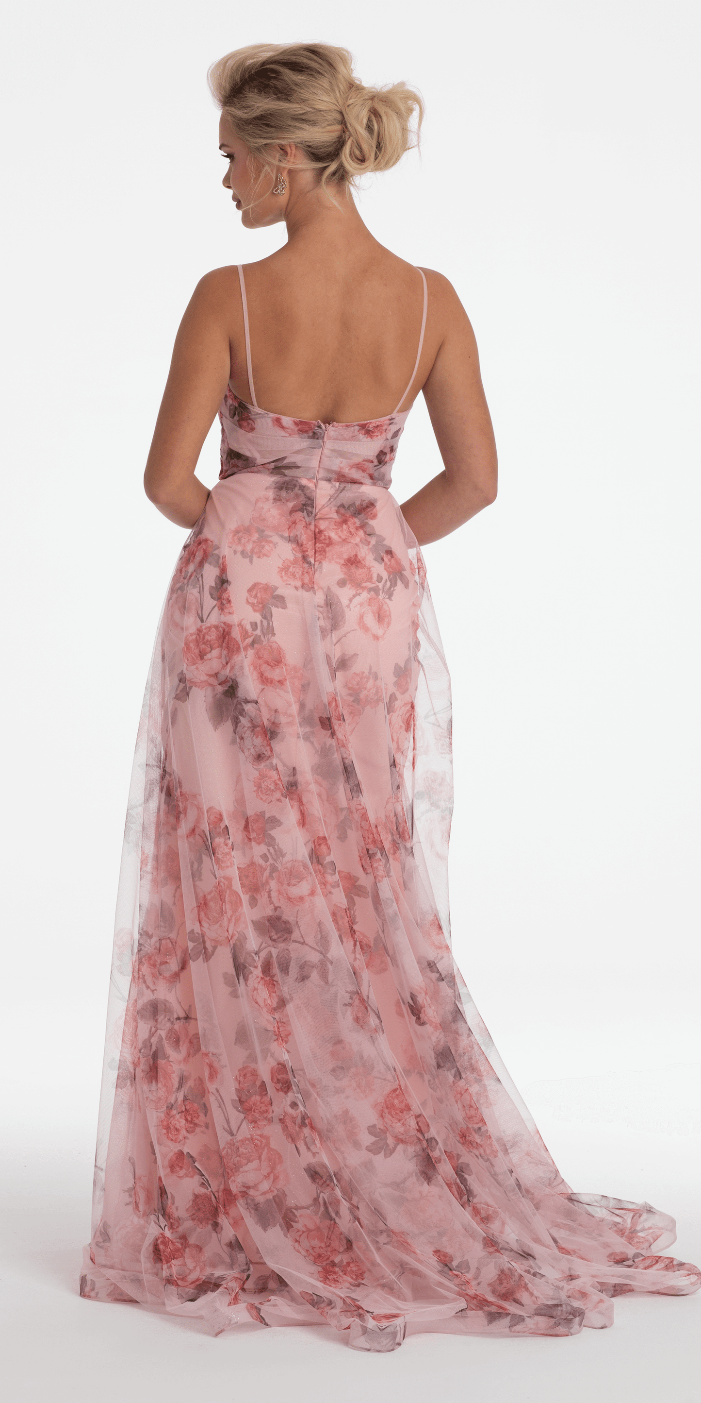 Floral Print Mesh Sweetheart A Line Dress with Side Slit - Camille La Vie