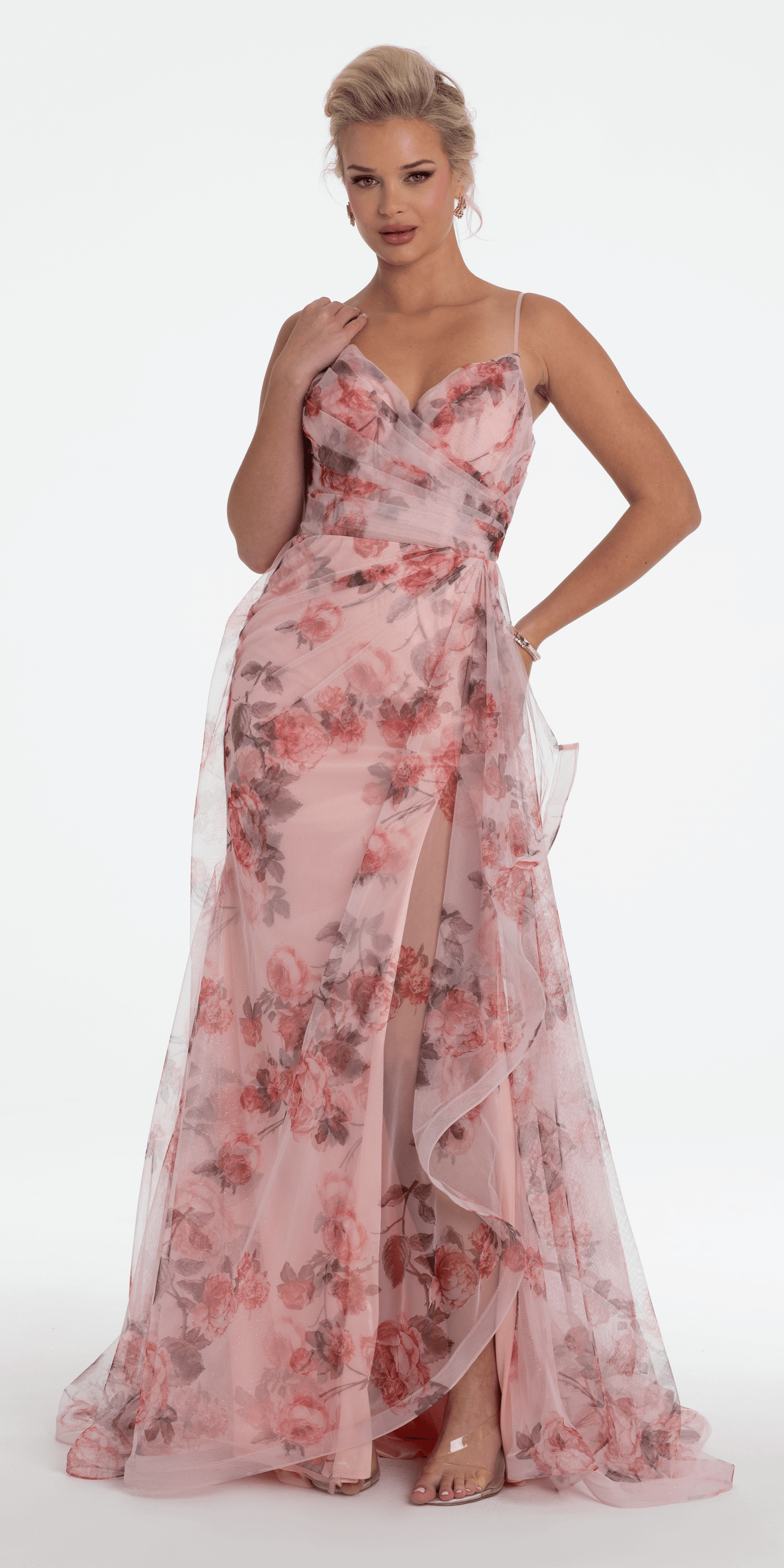 Floral Print Mesh Sweetheart A Line Dress with Side Slit - Camille La Vie