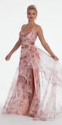 Floral Print Mesh Sweetheart A Line Dress with Side Slit - Camille La Vie