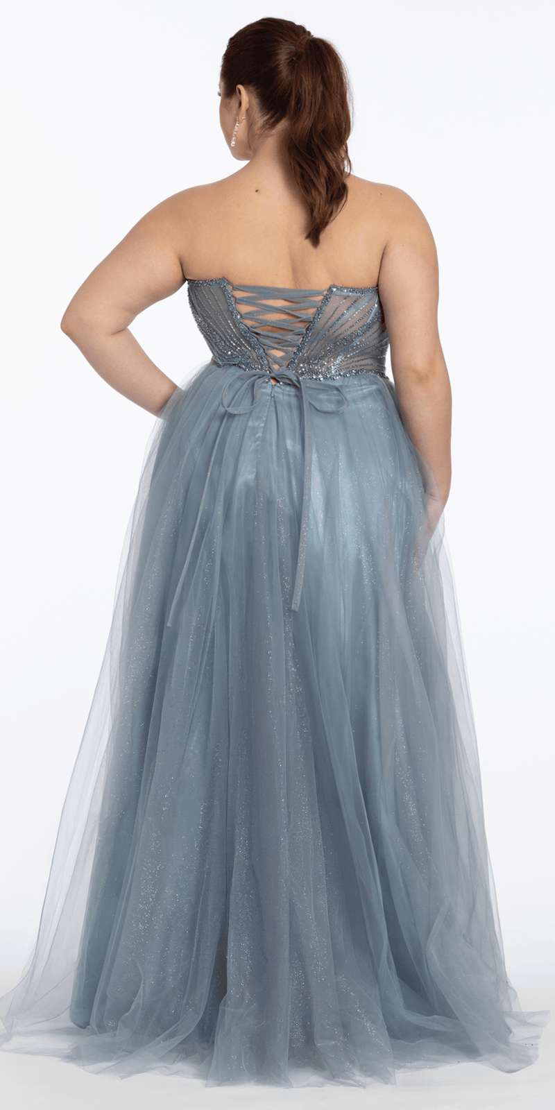 Strapless Pointed Beaded Corset Glitter Tulle Ballgown - Camille La Vie