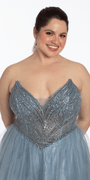 dusty-blue/size/14/plus/Camille La Vie/Strapless Pointed Beaded Corset Glitter Tulle Ballgown/close up