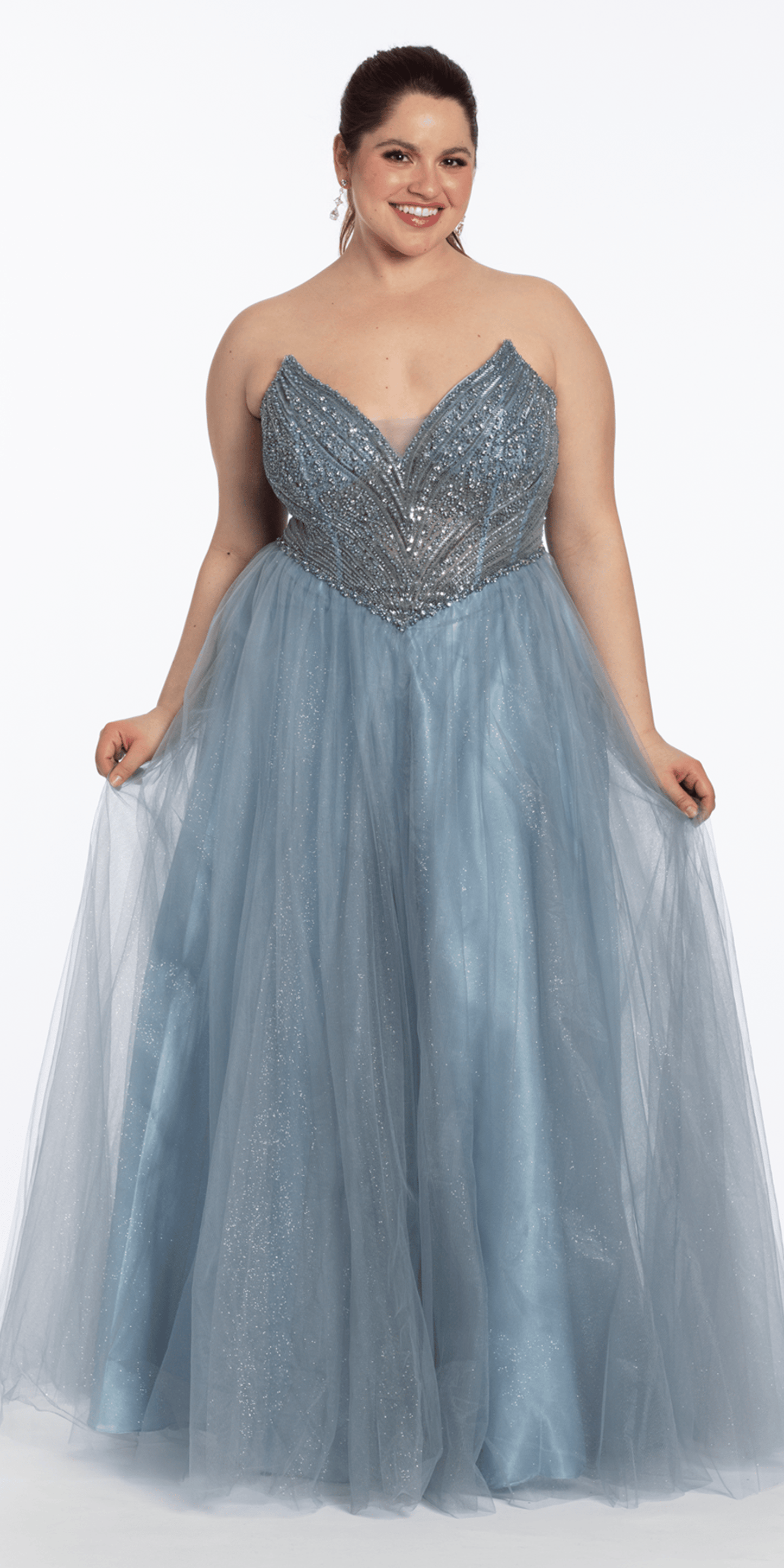 Strapless Pointed Beaded Corset Glitter Tulle Ballgown - Camille La Vie