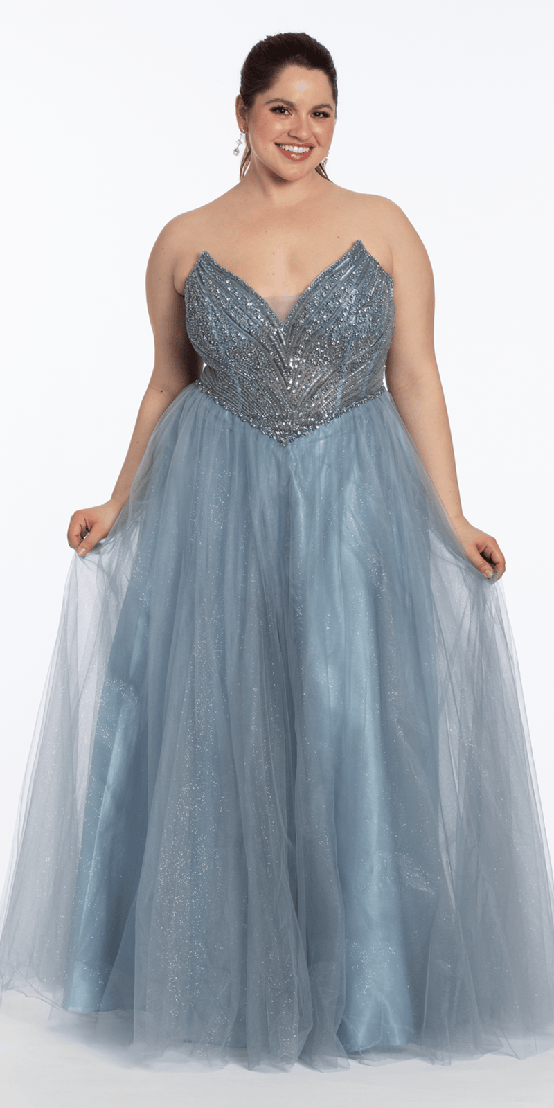 Strapless Pointed Beaded Corset Glitter Tulle Ballgown - Camille La Vie