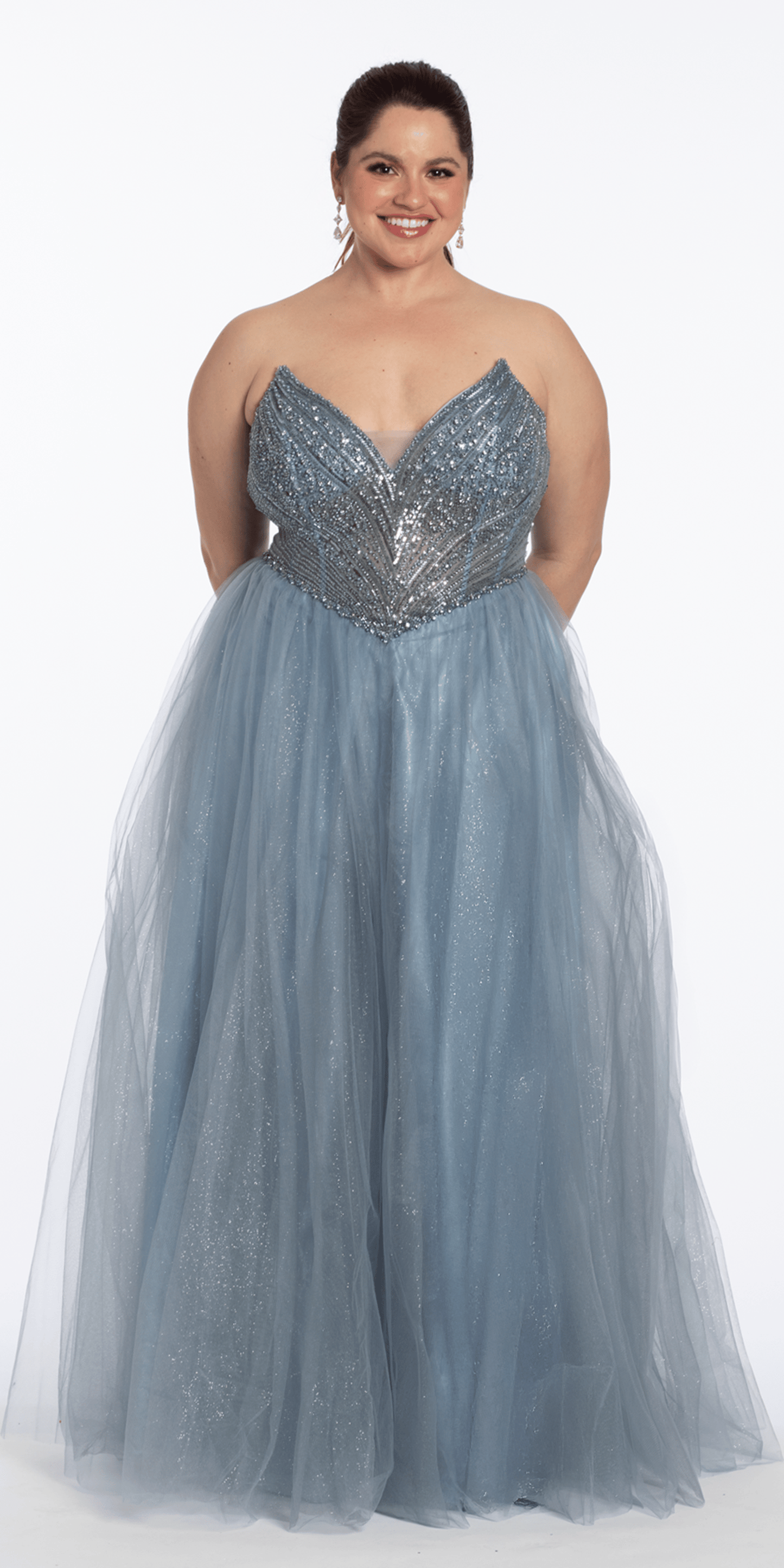 Strapless Pointed Beaded Corset Glitter Tulle Ballgown - Camille La Vie