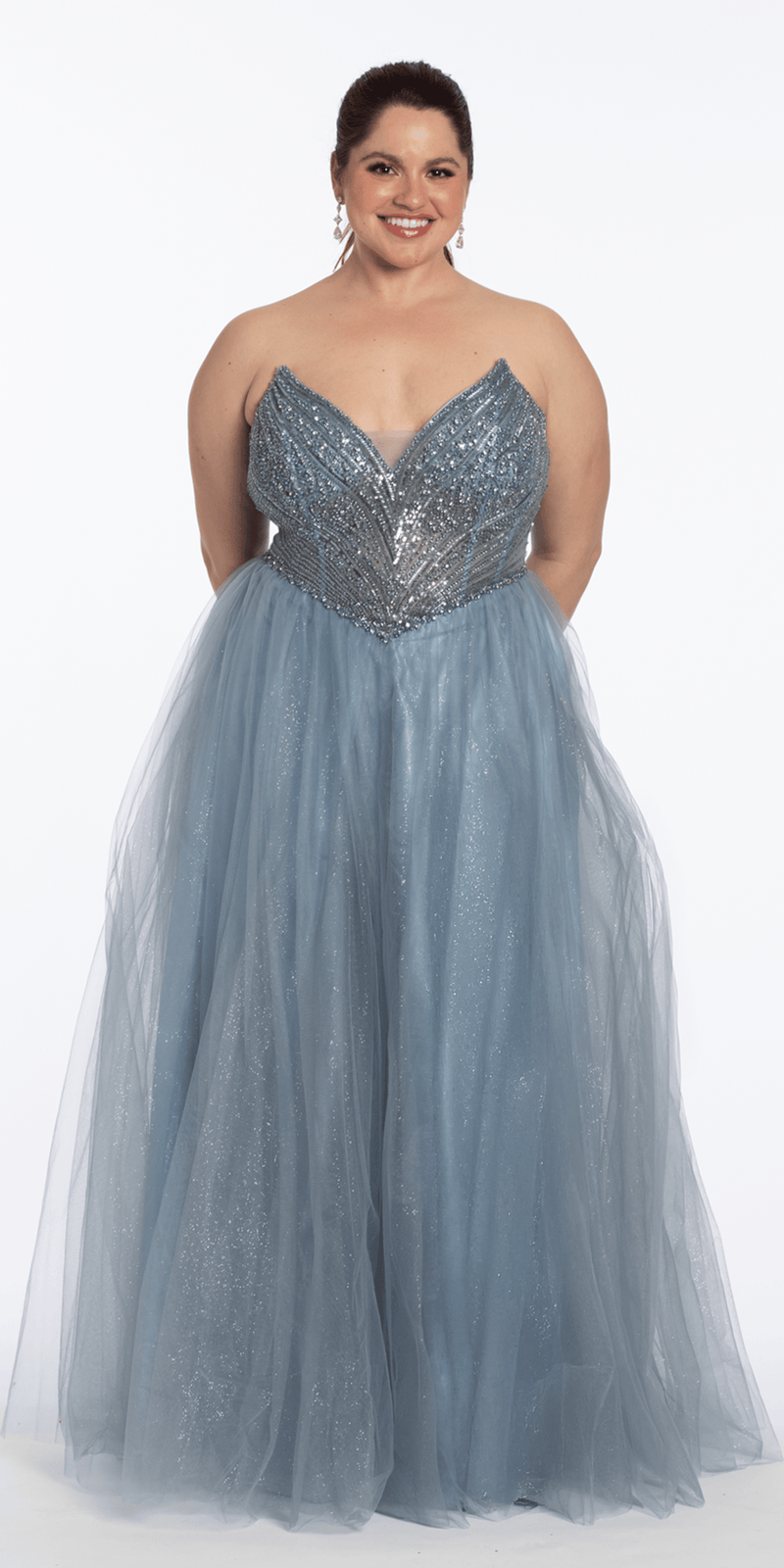 Strapless Pointed Beaded Corset Glitter Tulle Ballgown - Camille La Vie