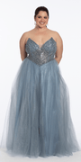 Strapless Pointed Beaded Corset Glitter Tulle Ballgown - Camille La Vie