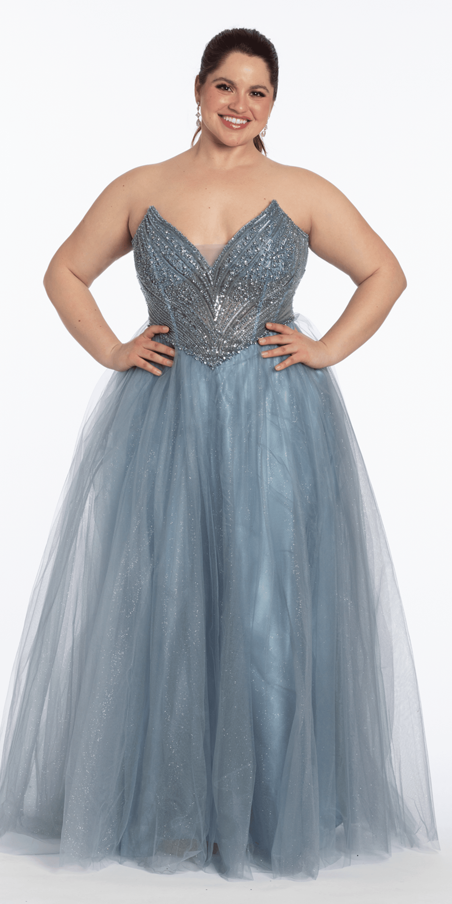 dusty-blue/size/14/plus/Camille La Vie/Strapless Pointed Beaded Corset Glitter Tulle Ballgown/front alt 2