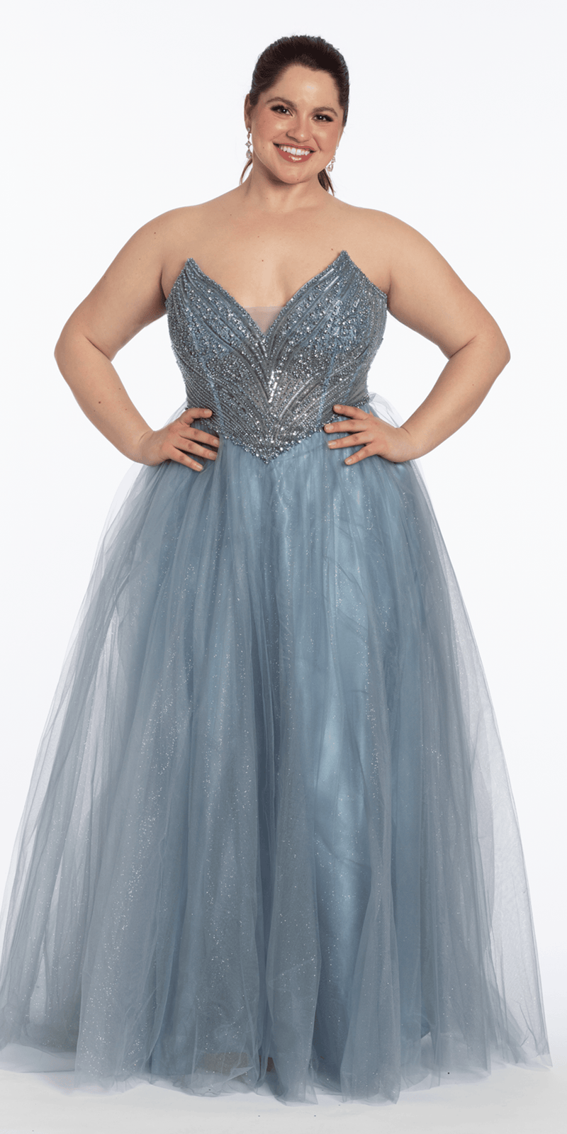 dusty-blue/size/14/plus/Camille La Vie/Strapless Pointed Beaded Corset Glitter Tulle Ballgown/front alt 2