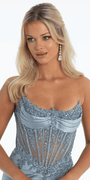 Pointed Embroidered Strapless Satin Corset Column Dress - Camille La Vie