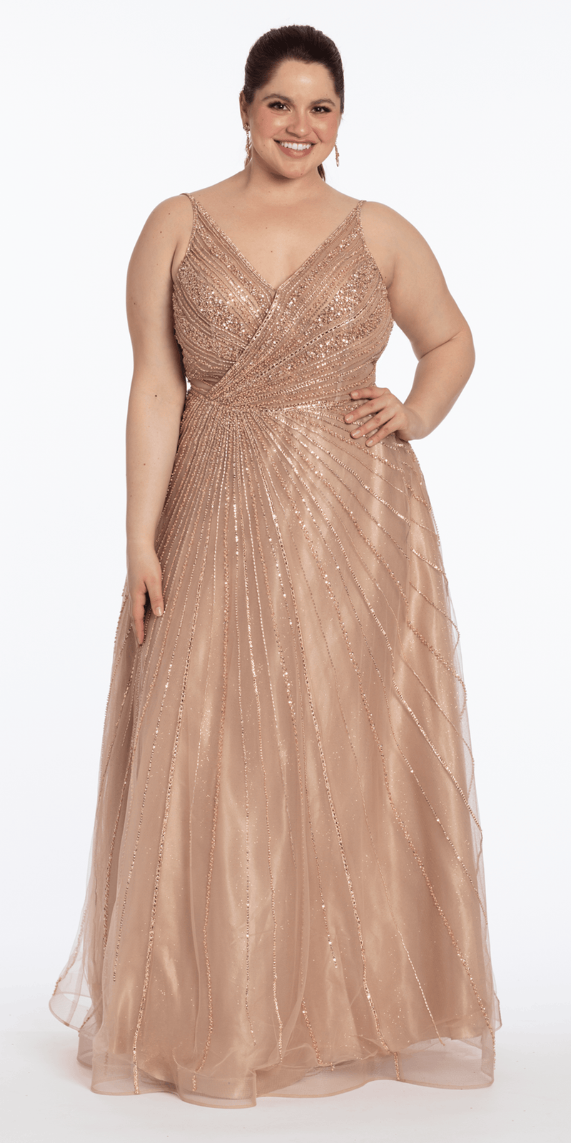 Deep V Neck Mesh Linear Beaded A-Line Dress - Camille La Vie