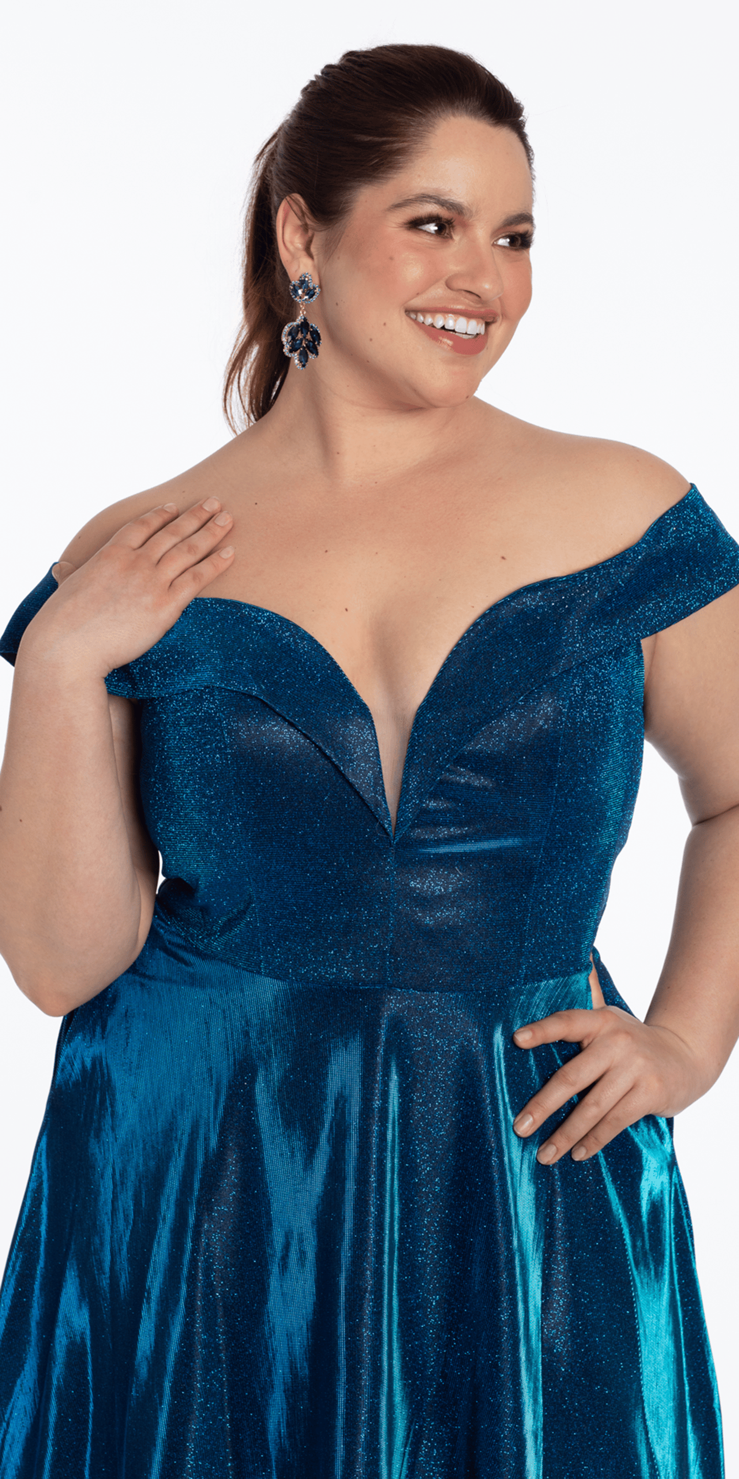 Iridescent Metallic Glitter Off the Shoulder Plunge A Line Dress - Camille La Vie