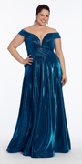Iridescent Metallic Glitter Off the Shoulder Plunge A Line Dress - Camille La Vie