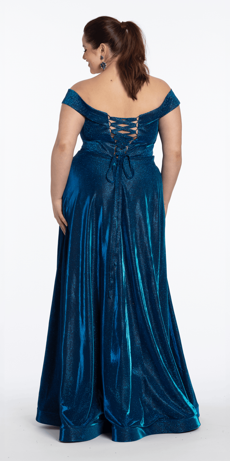Iridescent Metallic Glitter Off the Shoulder Plunge A Line Dress - Camille La Vie