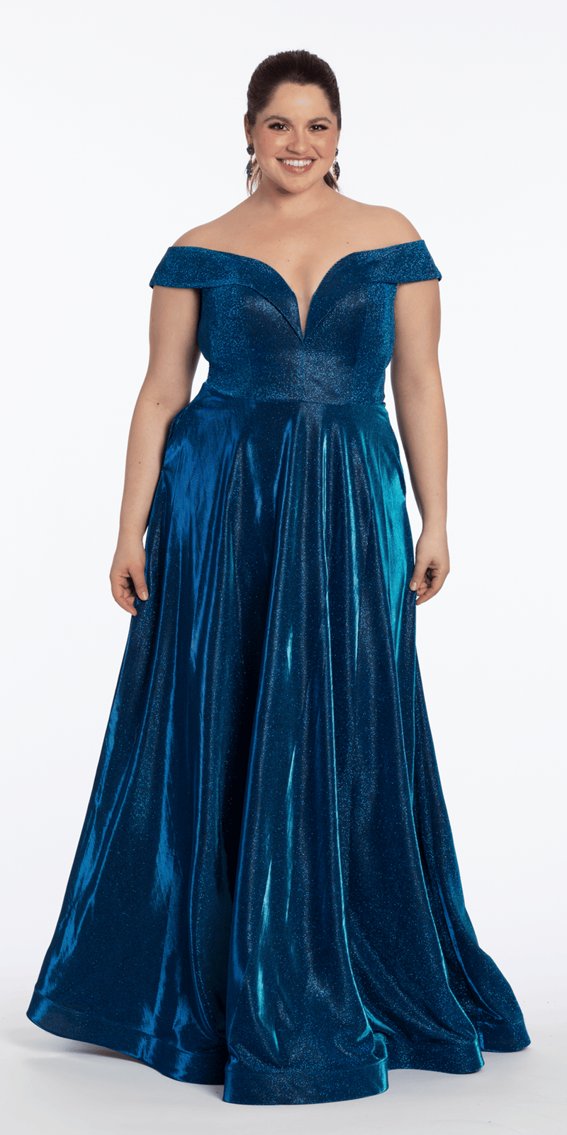 Iridescent Metallic Glitter Off the Shoulder Plunge A Line Dress - Camille La Vie