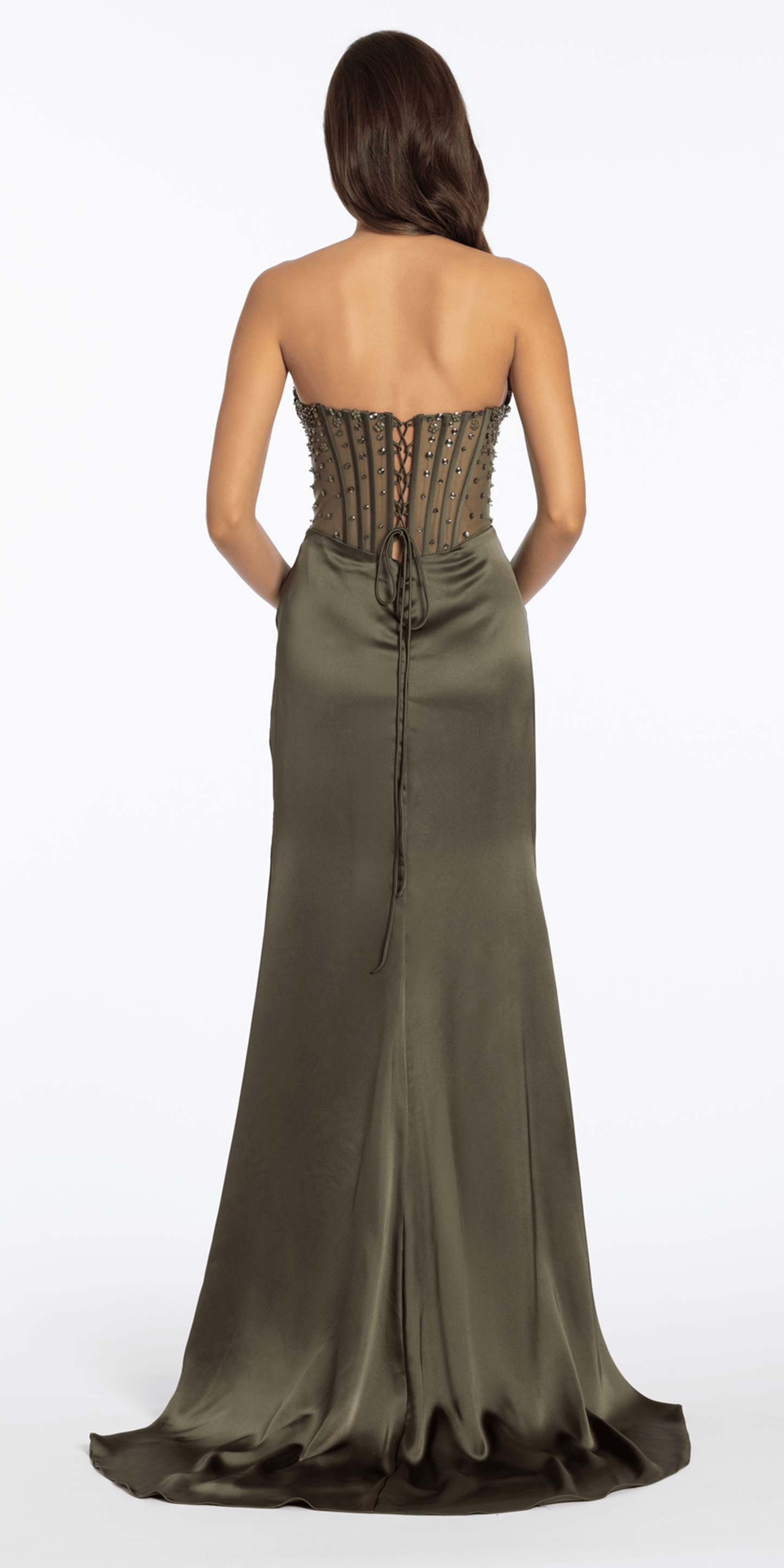 Strapless Satin Embellished Corset Column Dress - Camille La Vie