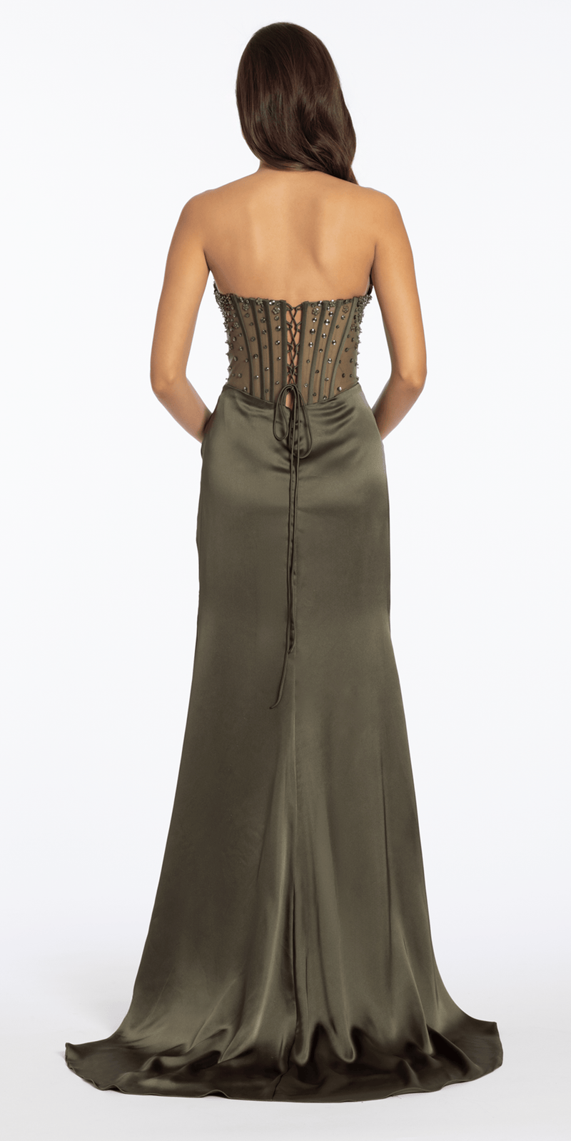 Strapless Satin Embellished Corset Column Dress - Camille La Vie