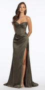 Strapless Satin Embellished Corset Column Dress - Camille La Vie