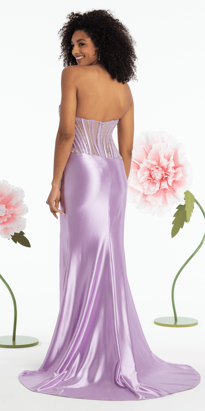Strapless Satin Rhinestone Corset Column Dress - Camille La Vie