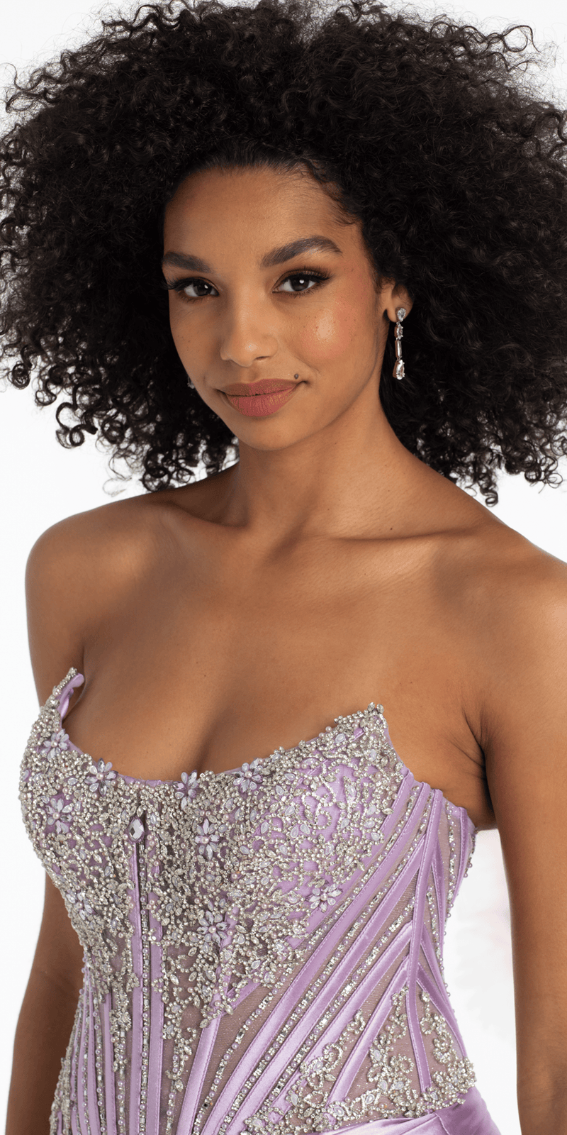 lavendar/size/4/ missy/Camille La Vie/Strapless Satin Rhinestone Corset Column Dress /close up