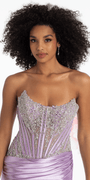 lavendar/size/4/ missy/Camille La Vie/Strapless Satin Rhinestone Corset Column Dress /close up