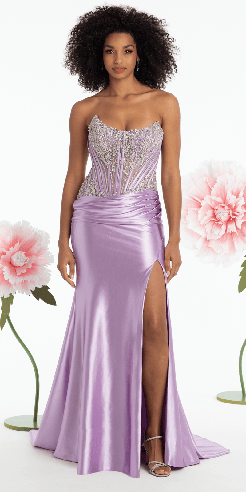Strapless Satin Rhinestone Corset Column Dress - Camille La Vie