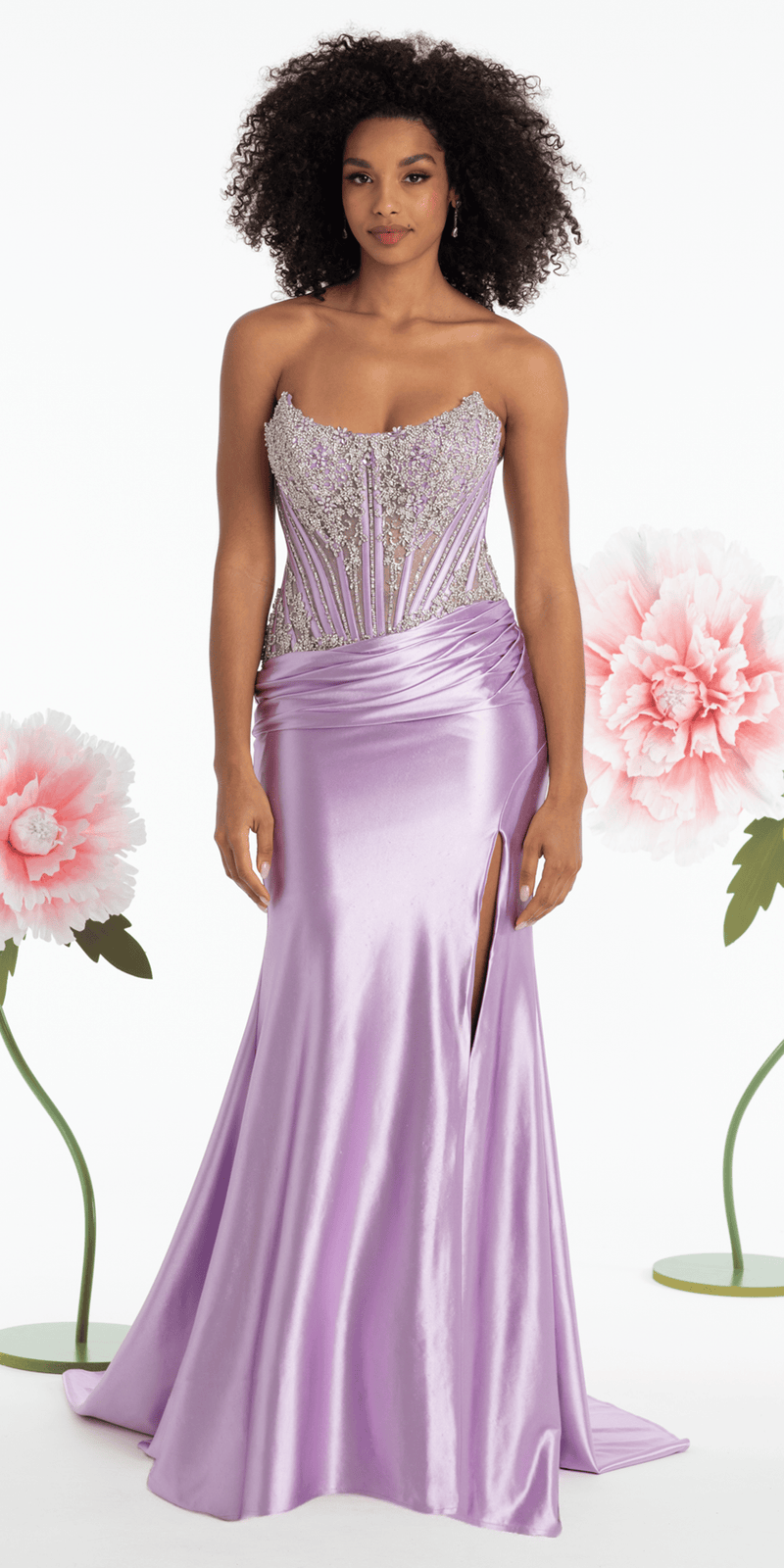 Strapless Satin Rhinestone Corset Column Dress - Camille La Vie
