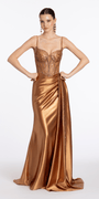 Satin Embellished Corset Column Dress with Side Drape - Camille La Vie