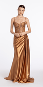 Satin Embellished Corset Column Dress with Side Drape - Camille La Vie