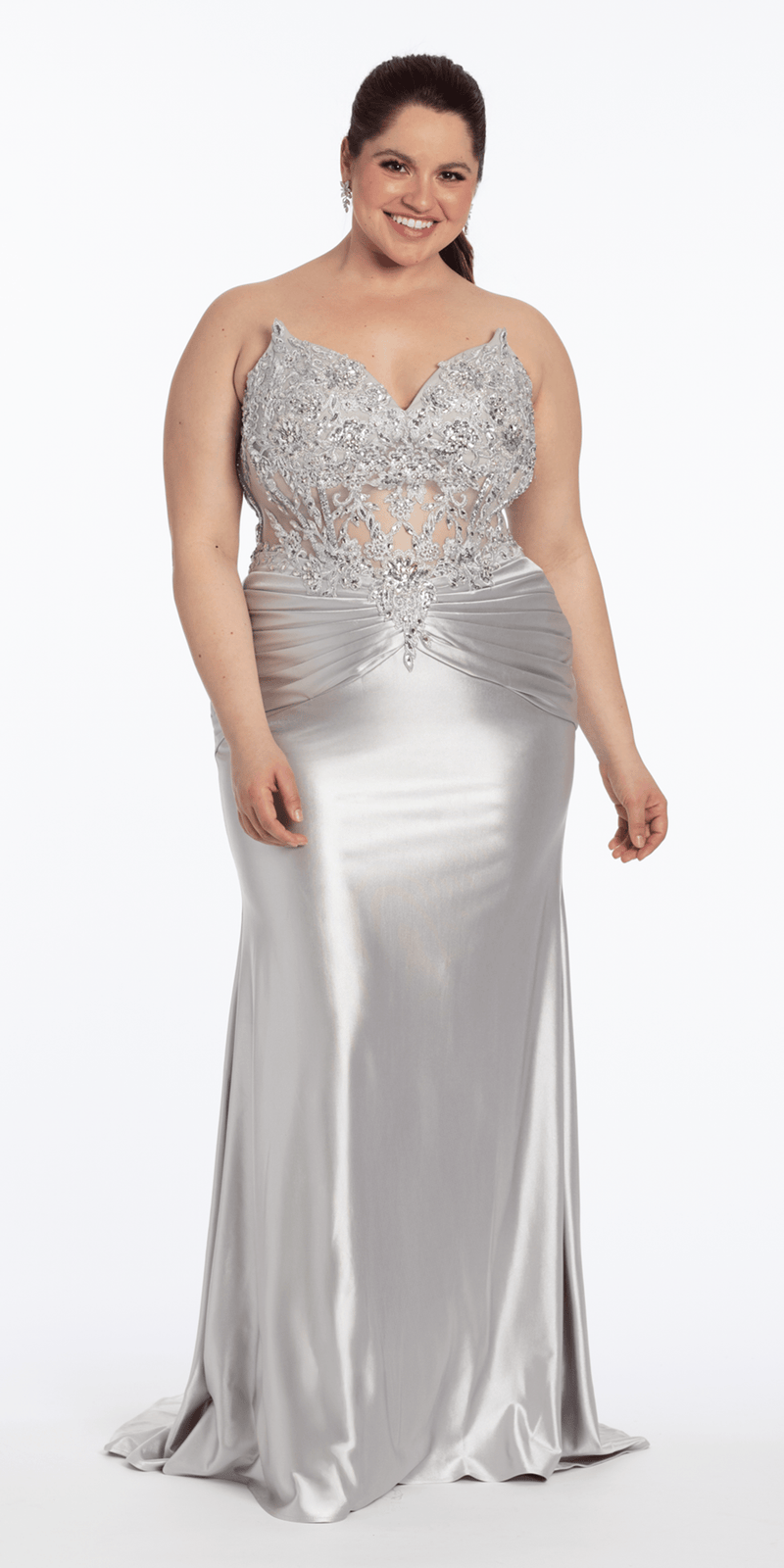 Satin Strapless Sweetheart Embroidered Corset Column Dress - Camille La Vie